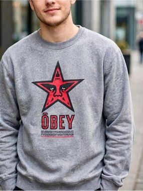 Obey Men's Gray Crewneck Sweatshirt with Red Star Graphic
